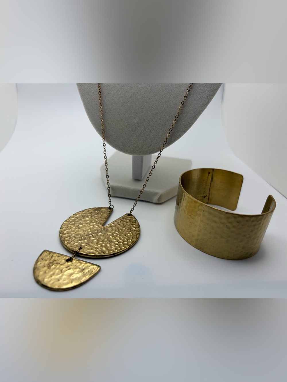 Massimo Dutti Gold-Tone Hammered Disc Necklace and Cuff Bracelet Set